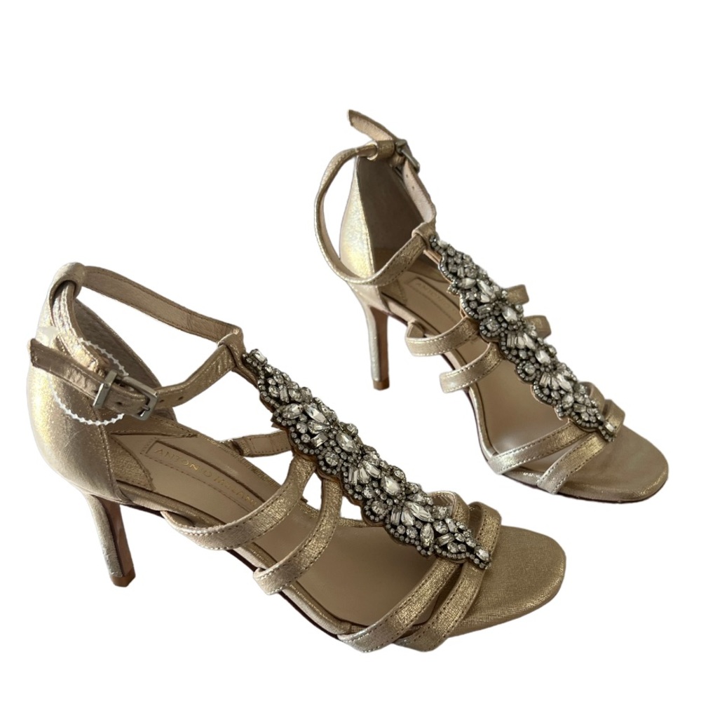 Antonio Melani Metallic Gold Jewel Embellished Strappy   Heeled  Formal 5.5